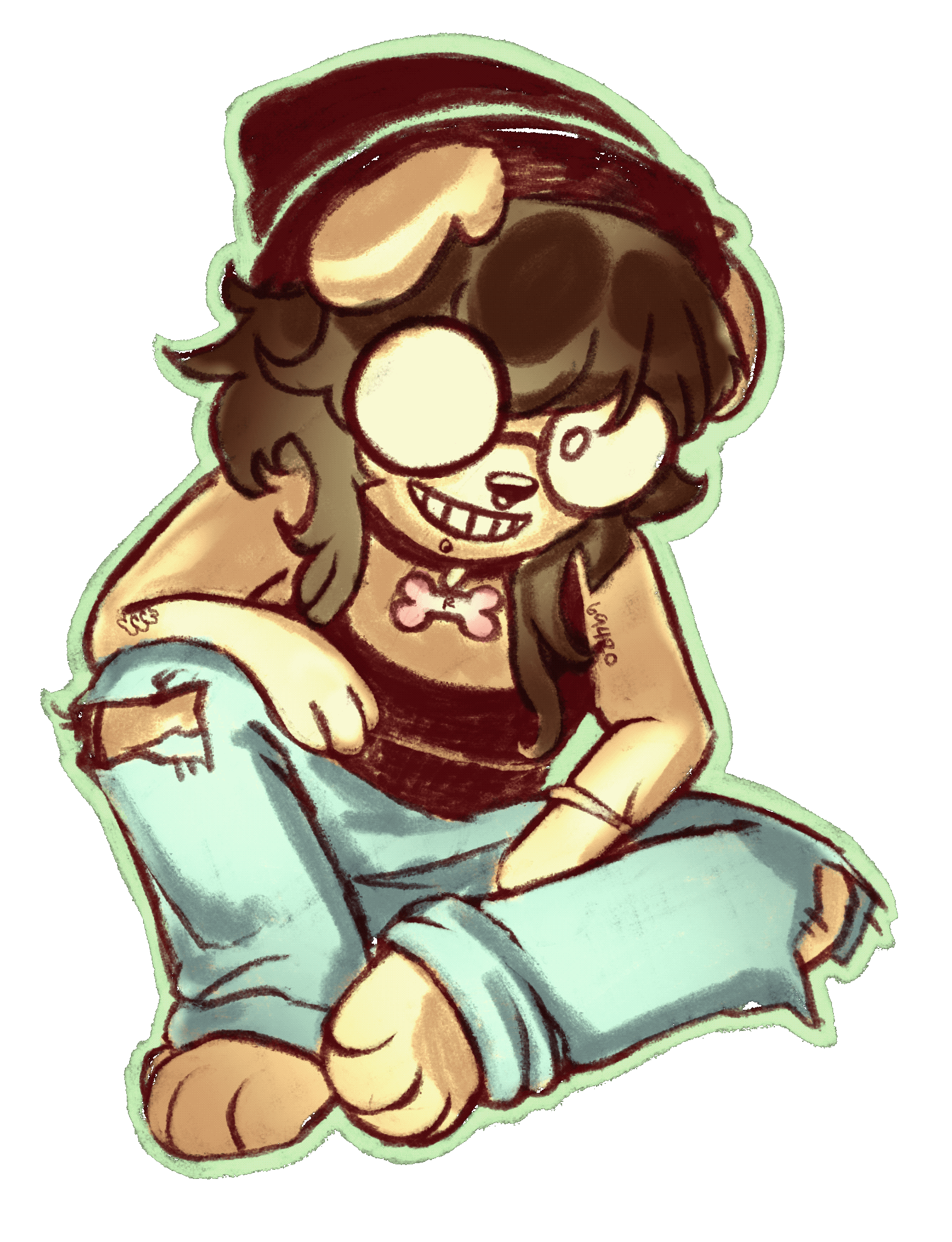 web-master self portrait. They are sitting slouches forward with their left arm resting on their raised left knee, the right arm resting on a lower right knee tucked into itself. They are grinning through their glasses and messy hair at the viewer.