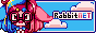 A rectangular image where the background is a blue sky with two clouds moving up and down and placed in front of that is a clown with pink and blue hair and big red glasses. There is text that says, RabbitNET